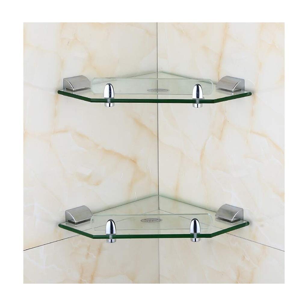 Estante esquinero de vidrio, cesta de almacenamiento para ducha montada en la pared, organizador de almacenamiento, estante de baño de vidrio templado de acero inoxidable (tamaño: 2 estantes) (2 nive