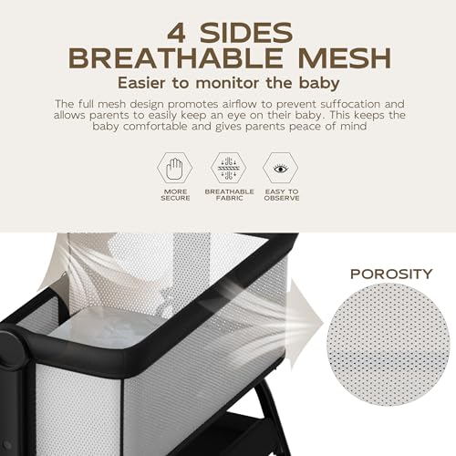 Image of BabyBond Baby Bassinet, 3 in 1 Bassinet Bedside Sleeper with Washable Soft Mattress and Sheet, 6 Height Adjustable Bedside Crib, 4-Sided Mesh Bedside Bassinet for Baby