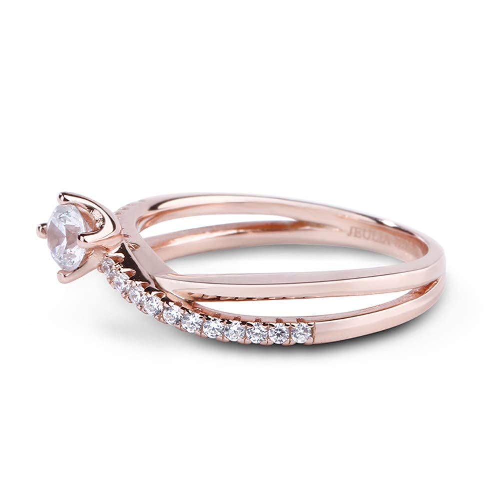 Jeulia Anillos de promesa de plata de ley solitario chapado en oro rosa 18k anillos de corte redondo para cumpleaños, boda, compromiso