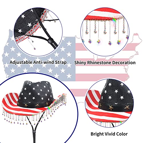Justotry Usa Rhinestone Cowboy Hat For Women - American Flag Cowgirl Hat With Wide Brim Red White And Blue Western Fourth Of July Gift #TOP2