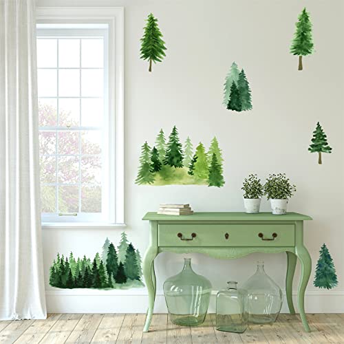 Watercolor Pine Tree Wall Decals Green Pine Tree Wall Sticker Large Tree Wall Decals Nature Woodland Forest Tree Wall Stickers For Nursery Bedroom Living Room Decor #TOP4