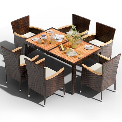Image of Shintenchi 7 PCS Patio Dining Set, Wicker Patio Conversation Set with Wooden Table Top, Outdoor Table and Chairs with Soft Cushions for Backyard, Deck and Garden, Brown Wicker