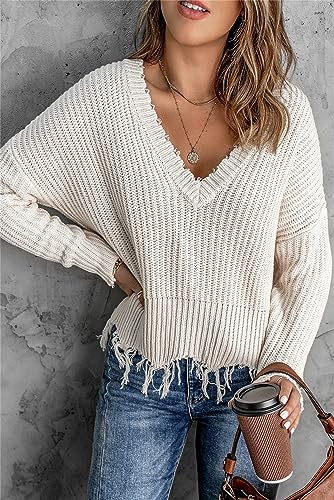 Women's Distressed Hem Frayed Crop Sweater Knitted Fringe V Neck Long Sleeve Sweatshirts Casual Loose Pullovers3
