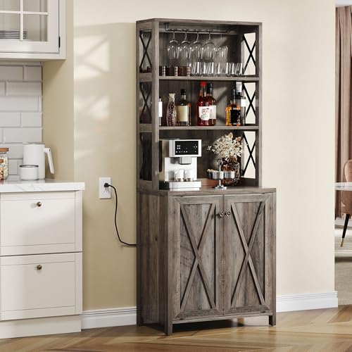 YITAHOME 67' Tall Bar Wine Cooler for Liquor and Glasses, Farmhouse Storage Cabinet w/Wine Rack, Open Storage Shelves, Buffet Kitchen Cabinet with Wooden Doors for Living Room, Living Room, Grey Wash