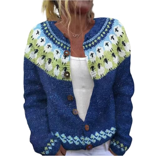 Shusuen Fair Isle Cardigan Sweaters for Women Crew Neck Loose Fit Button Up Chunky Sweater Open Front Casual Fall Knit Jacket(3-Blue,Large)