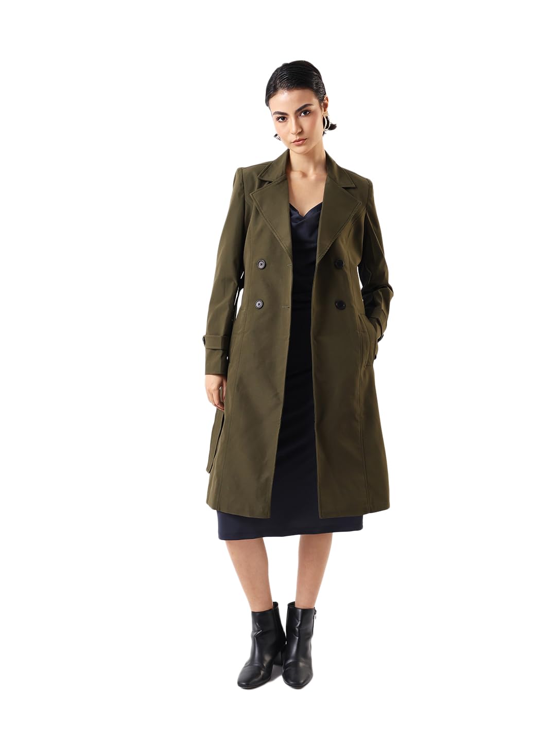 Solid Full Sleeves Lapel Collar Trench Coat-image-26