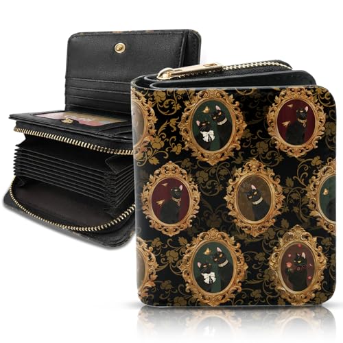 Image of Black Cat Wallet for Women, PU Leather Accordion Wallet, Zipper Coin Purse | Women's Black Cat Accordion Wallet, Credit Card Holder with 1 ID Window 14 Card Slots, Gift for Wife Daughter Ladies