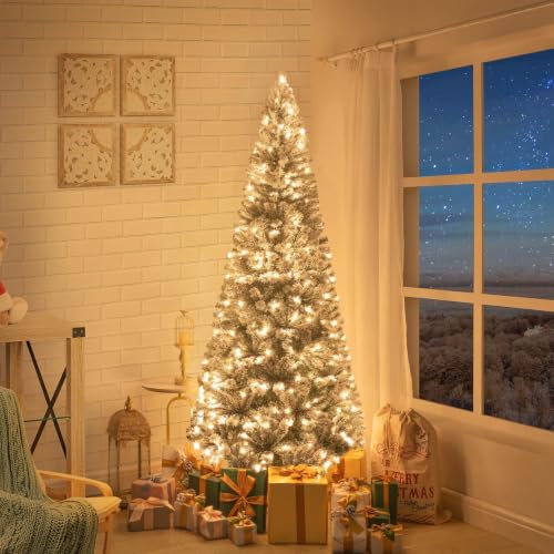 Naomi Home Salzburg 7.5ft Pre-Lit Snow Flocked Slim Pencil Tree | Snow flocked slim tree with 350 warm lights and 1,102 branch tips, designed for a bright winter display in tight spaces.