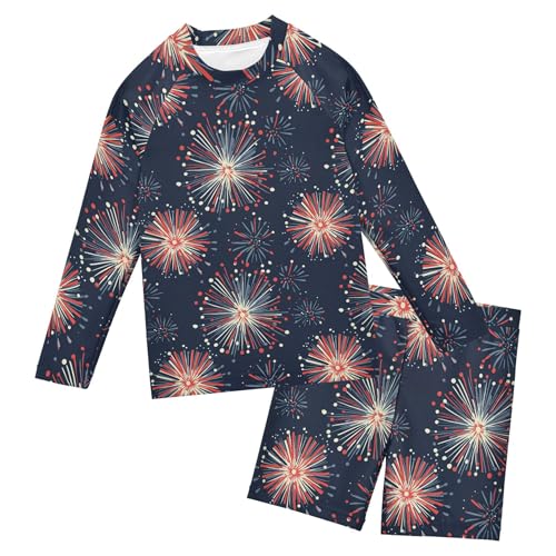 Independence Day Fireworks Boys Rash Guard Swimsuits Set for Boys Long Sleeve Swim Shirts Bathing Suits B0404789
