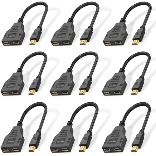 Image of BLACK CROWN HDMI Cable Splitter, HDMI 1x2 Splitter Cable, HDMI Cable Splitter 1 in 2 Out HDMI Splitter Adapter, HDMI Male to Dual HDMI Female 1 to 2 Way for HDMI HD, LED, LCD, TV. Black (Pack of 9)