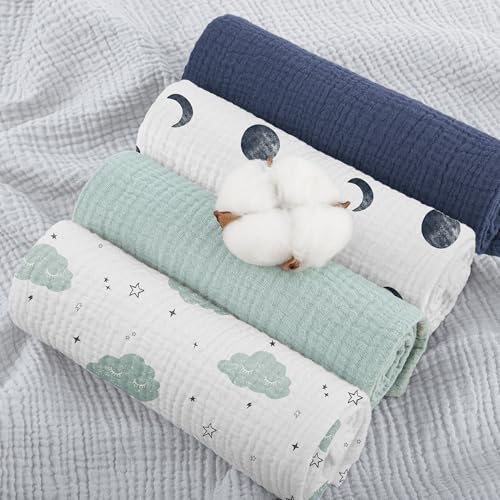 Susurration Mulltücher Baby Spucktücher,5er-Pack 100% Baumwolle Spucktücher Baby für Jungen und Mädchen, Weich, Atmungsaktiv und Extrem Saugfähig Musselin 60x60cm (Blauer Druck) 3