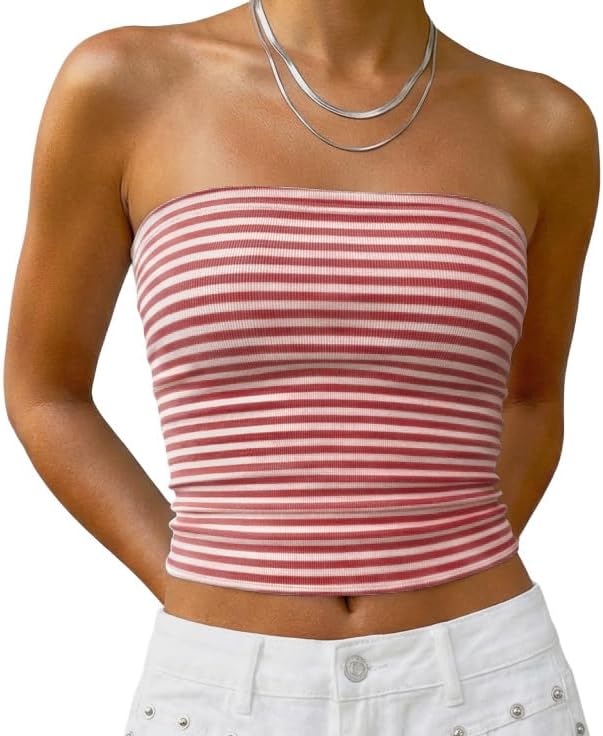 Women's Cute Striped Tube Tops Y2K Strapless Bandeau Sleeveless Backless Crop Top Casual Spring Summer Going Out Outfits