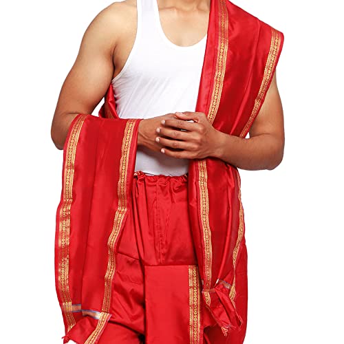 Image of Rameshwaram Fabrics Readymade Dhoti for Men, Velcro Style Stitched Mens Silk Dhoti Pant with Stole Set
