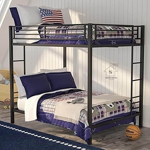 Metal Bunk Bed, Twin Over Twin Heavy Duty Bunk Bed Frame with Ladder and Safety Rail, for Kids Teens Adults (Black)