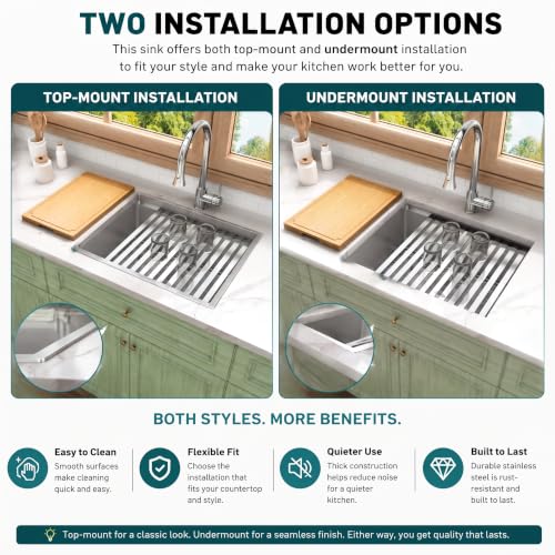 Image of LQS 23 Inch Undermount Kitchen Sink, 16 Gauge Stainless Steel Undermount Kitchen Sink, 10 inch Smart Workstation Ledge With Abundant Accessories, R10 Corner and X-Shaped Drain Line