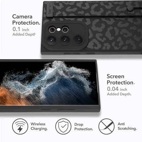 Image of Compatible with Samsung Galaxy S22 Ultra Case with Strap Wrist Black | Cheetah Print Shockproof Soft TPU Protective Cover for Women Girls, Slim Anti Scratch Case 6.8 Inch, Black