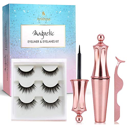 Magnetic Eyelash Kit - Arishine 3D Magnetic Eyelashes with Eyeliner Kit - 3 Pairs Reusable Magnetic Lashes Natural Looking with Tweezer - Eyelashes Magnetic - No Glue Needed