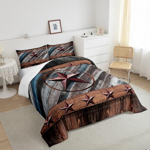 Image of Feelyou Rustic Texas Star Comforter Western Texas Comforter Set for Boys Girls Children Wood Boards Bedding Set Country Style Farmhouse Duvet Set Room Decor Quilt Set King Size