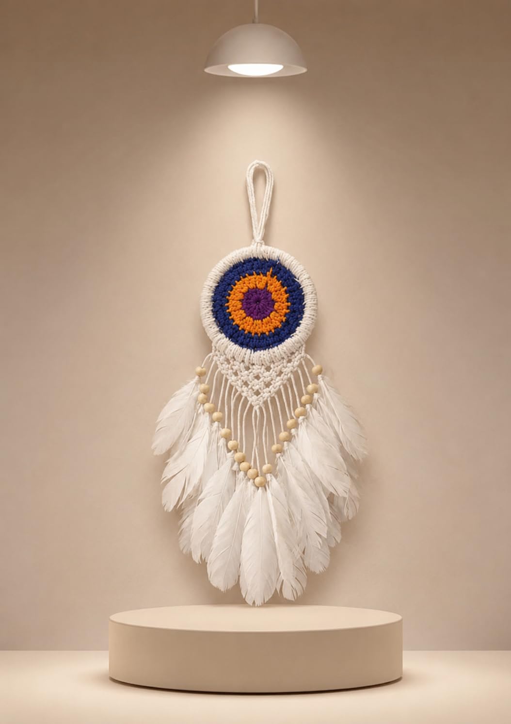 Dream Catcher with White Feathers and Wooden Beads | Crochet Mandala Web, Wall & Car Hanging, , Multicolour Centre, Boho Home Decor-picture-24