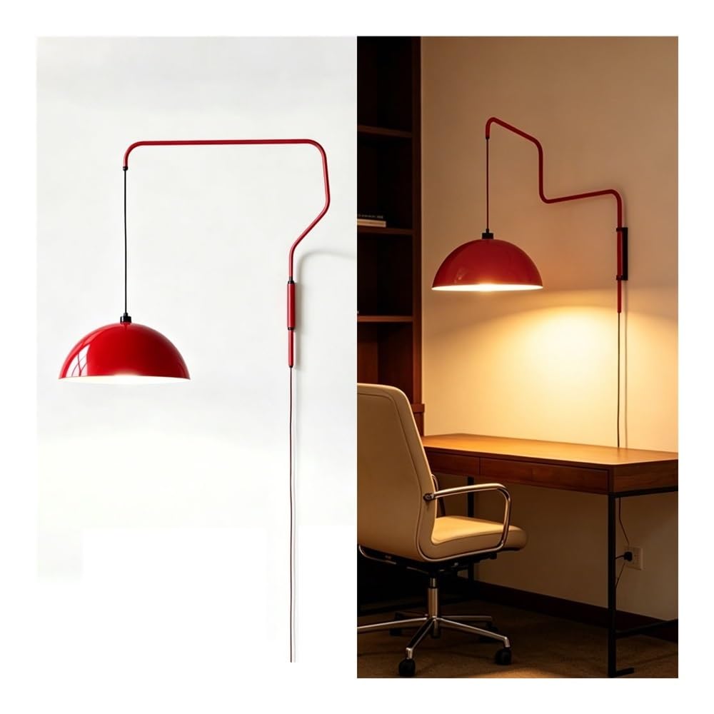 LUOYAOB Mid Century Red Wall Sconce Plug in Swing Arm Wall Lamp Dome Shade Bedside Reading Wall Light for Bedroom Dining Room Hallway Indoor Wall Fixture(Red)