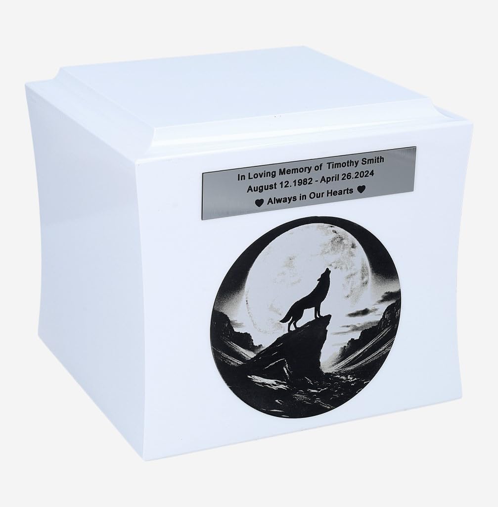 Urn With Wolf Cremaion Urn With Engraved Lone Wolf (White/Design1/Plaque)