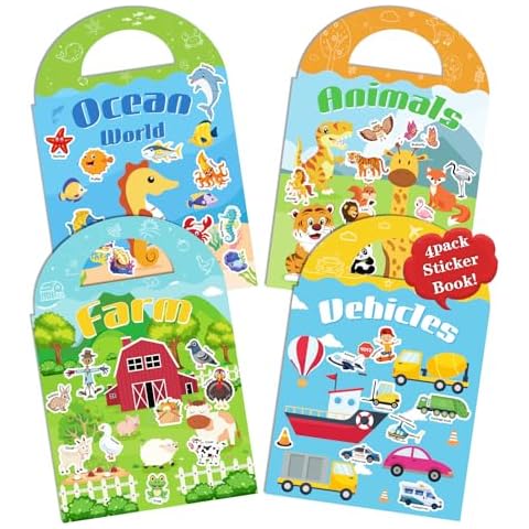 Reusable Sticker Book for Toddlers 2-4 Years, 4 Set Puffy Sticker Books for Kids,120 Pcs Crafts Stickers for Kids, Activity Books for Toddlers 1-3,2-4, Farm+Animal+Ocean World+Vehicle Cover