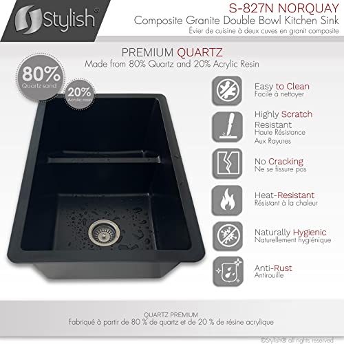 Image of Stylish 27.25 x 18.75 Inch Drop In or Undermount Kitchen Sink Double Bowl Workstation 9.5 Inches Deep Granite Composite Kitchen Sinks with Regular Strainers Black, S-827N