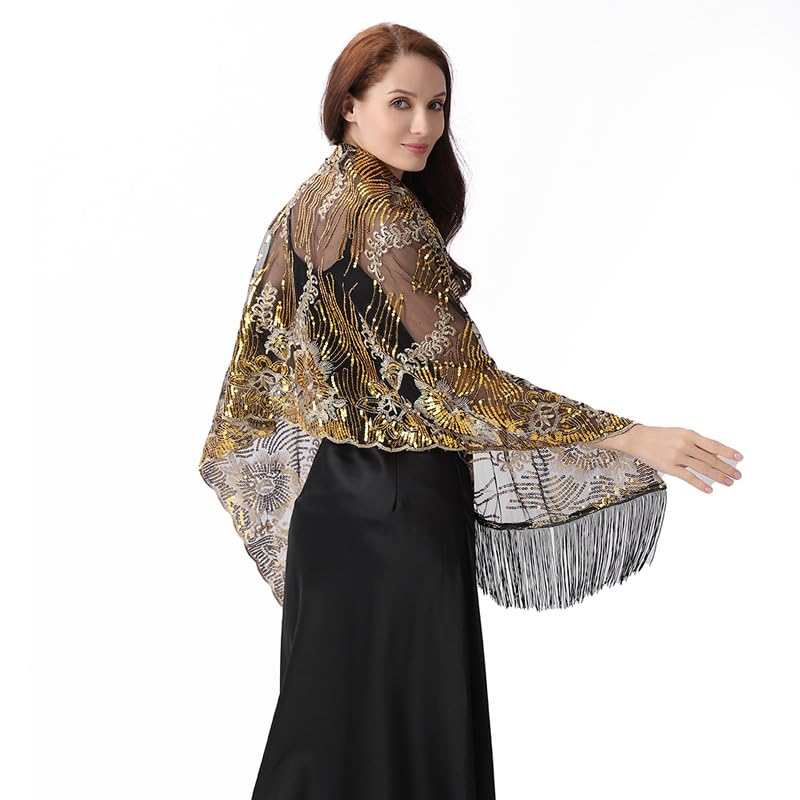 Greenery-GRE Womens Floral Sequin Evening Shawl Wrap with Fringe Mesh Scarf Formal Dress Cover Up for Wedding Party Prom - Main Image