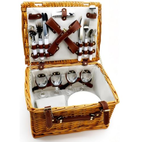 Luxury Wicker Picnic Basket for 4 Person – Complete Hamper Set with Plates, Glasses, Cutlery, Napkins & Bottle Opener