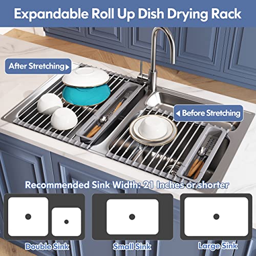 Image of JASIWAY Roll Up Dish Drying Rack for Kitchen Sink with Utensil Holder