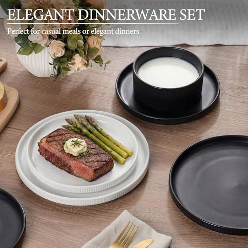 Image of E-far 12-Piece Plates and Bowls Sets, Stoneware Dinnerware Dishes Sets for 4, Chip & Scratch Resistant Ribbed Dish Set for Home Restaurant, Microwave & Dishwasher Safe Speckled White & Matte Black