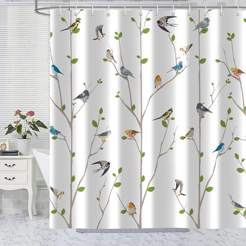 Aeyadis Colorful Cute Bird Shower Curtain, Spring Green Leaves Tree Fabric White Shower Curtains Set for Bathroom Decor, Waterproof Cloth with 12 Hooks,72x72 Inches