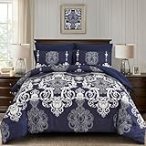 Mybedsoul 7 Pieces Navy Blue Comforter Set King Size, Damask Bed in a Bag for King Bed, Lightweight Microfiber Boho Bedding Sets with Comforter, Sheet, Pillowcases & Shams for All Season(90'x104')