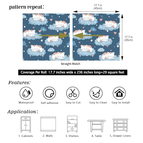CHIHUT Whimsical Sleeping Cat Peel and Stick Wallpaper Dreamy Navy Blue Clouds Stars Wallpaper Wall Mural for Kids Room Nursery Bedroom 17.7"x236" Self Adhesive Removable Kitten Contact Paper by CHIHUT - Used condition - Image 7