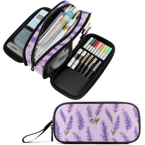 Image of Fustylead Watercolor Vintage Lavender Flowers Pencil Pen Case with 3 Compartments, Lightweight & Spacious Stationery Bag Cosmetics Bag