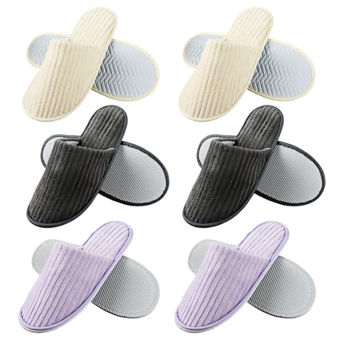 Pritok Lot de 6 paires de pantoufles d'hôtel en tissu éponge lavables, antidérapantes, polaire corail, taille universelle, 28,5 x 11 cm