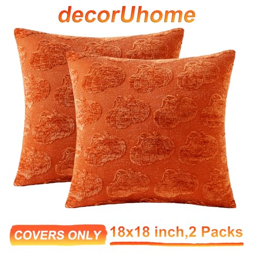 Image of decorUhome Decorative Two Rust Pumpkins Thanksgiving Throw Pillow Covers 18x18 Set of 2, Soft Chenille Jacquard Farmhouse Textured Pillow Covers for Couch Bed Sofa Autumn Harvest Halloween Holiday