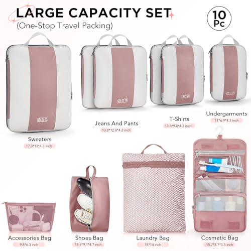 Image of OlarHike 10-Pack Compression Packing Cubes for Travel Essentials,Compressible Expandable Packing Cubes for Suitcase,Luggage Garment Bags for Travel,Handy Helper for Organizing Clothes(Light Coral)