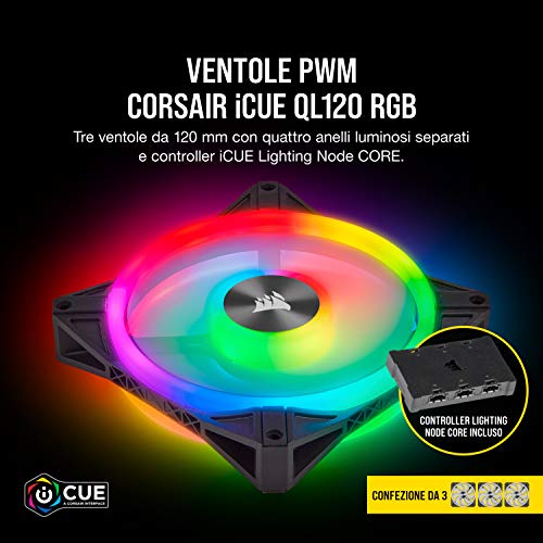 QL120 RGB Ventola con 102 LED RGB PWM Regolabili, Fino a 1.500 Giri/Min, Silenziosa, Smorzatori in Antivibrazione, iCUE QL 120 mm, Confezione da 3 con Lighting Node CORE, Nero/RGB - Sistema di raffreddamento - Immagine 2