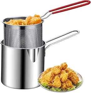 VELUZA Mini Deep Fryer, Deep Fryer Pan Stainless Steel Deep Fryer Pot with Anti-scalding Handle, Deep Fryer Pan with Basket, Mini Fryer for Tempura Chips, Fries, Fish, and Chicken