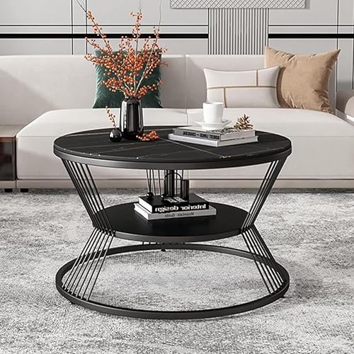 Image of Handmade Round Coffee, Nesting, Side, or Center Table with a Metal Base and a Marble-Finished Wooden top for The Living Room, Drawing Room, or Balcony (Black)
