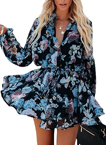 Modasua Robes Fleurs Femmes Robe Chemisier à Manches Longues Rob à Motif Floral Robe Tunique décontractée Mini Robe Fluide à Volants avec Boutons Cover