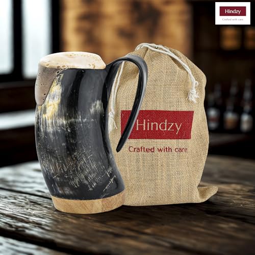 Cuerno de bebida vikingo artesanal 16oz con base de madera miniatura 5
