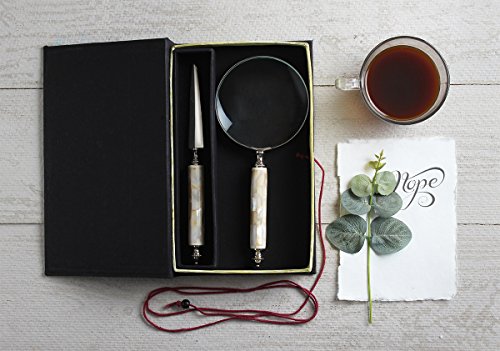Store Indya Handheld Vintage Handcrafted With Combination Of Mango Wood Pearl Magnifier And Letter Opener Set With Book Shaped Gift Box (Mother Of Pearl Collection) - Round Handle #TOP2