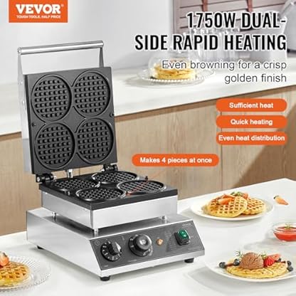 VEVOR kommerzielles Waffeleisen Waffelmaschine 1750 W antihaftbeschichtetes belgisches Waffeleisen aus Edelstahl mit Temperatur- und Zeitregelung, für Restaurant Bäckerei Snackbar 4 runde Waffeln – Bild 3