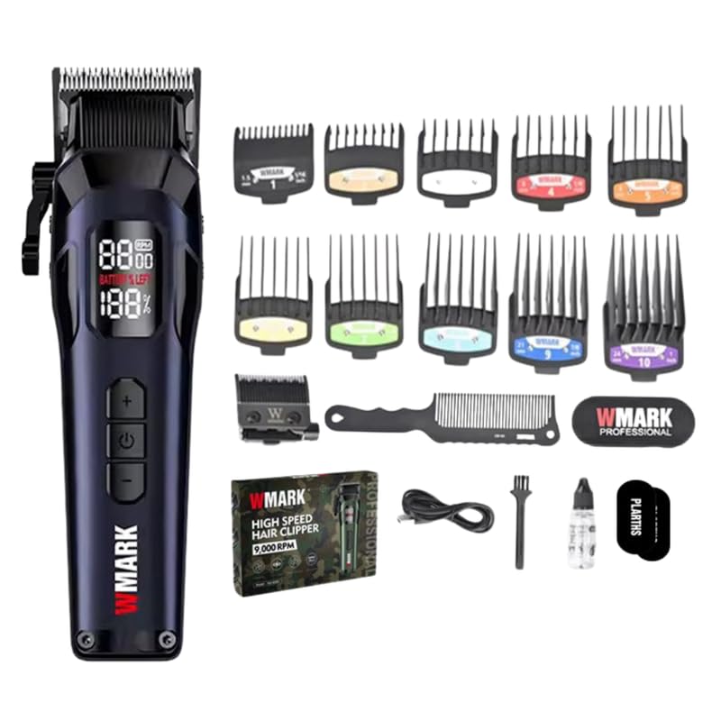 Image of WMARK NG-8080 Ultra-Premium Professional 7000-9000 RPM 5 Speed Hair Clipper Set Digital Display 10 Guide Comb Taper Lever Extra Blade Set Hair Comb Cleaning Brush & 2 Hair Sticker 300 min, Model 32