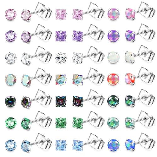YADOCA 21 Pairs Hypoallergenic Surgical Steel Stud Earrings for Women Men Tiny Small CZ Opal Moonstone Turquoise Earrings Studs Set Piercing Jewelry