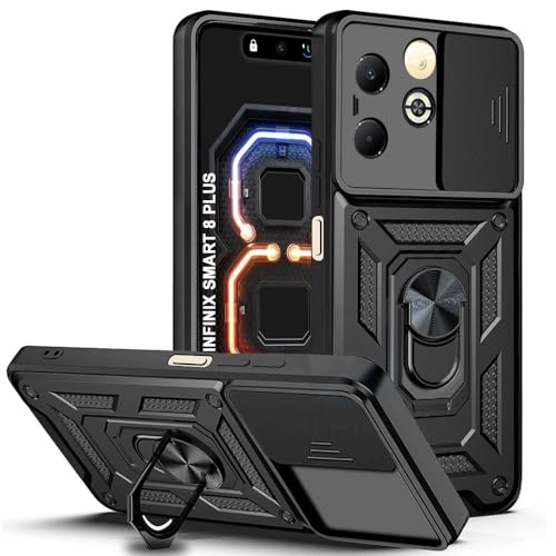 Image of AESTMO Tough Armor Infinix Smart 8 Plus Bumper Back Case Cover | Ring Holder & Sliding Camera Shield Cover | 360 Degree Protection Back Case Cover for Infinix Smart 8 Plus (Black)
