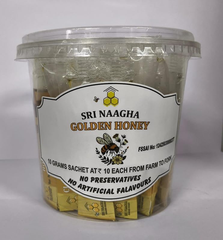 Image of SRI NAAGHA GOLDEN HONEY Sachets Jar | 100% Pure & Natural | Single Serve Reusable Jar | No Added Sugar or Preservatives | Travel & Daily Use 5Gms-Pack of 40