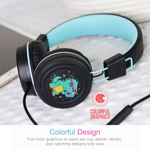 Image of MEE audio KidJamz KJ55 Wired Children's Headphones with 3.5mm Plug, Colorful Graphics, Volume Limiter & Microphone, Adjustable On-Ear Kids Headset for Online Learning /School /Travel /Tablet (Black)